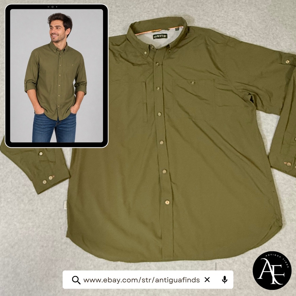 Orvis Mens XL Olive Green Long Sleeve Fishing Shirt Ventilated Shooting Patch
